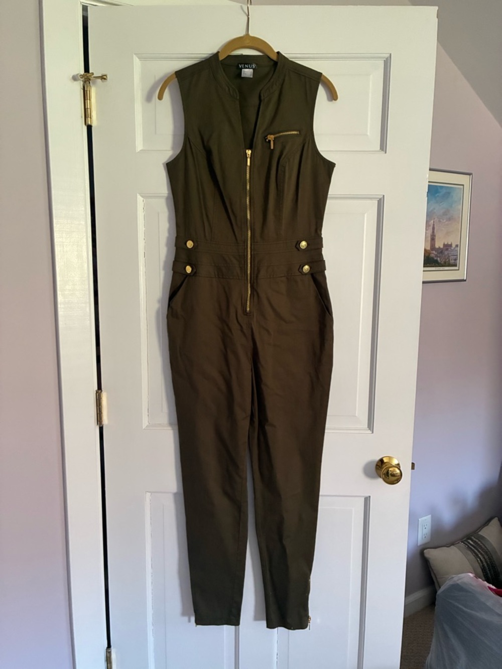 VENUS Olive Sleeveless Utility Jumpsuit with Gold Hardware